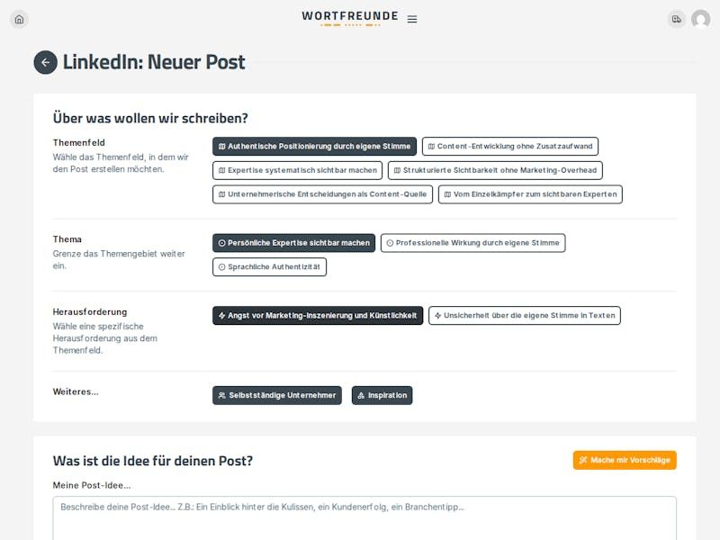 Geführter Content-Assistent für LinkedIn-Posts und Blogartikel
