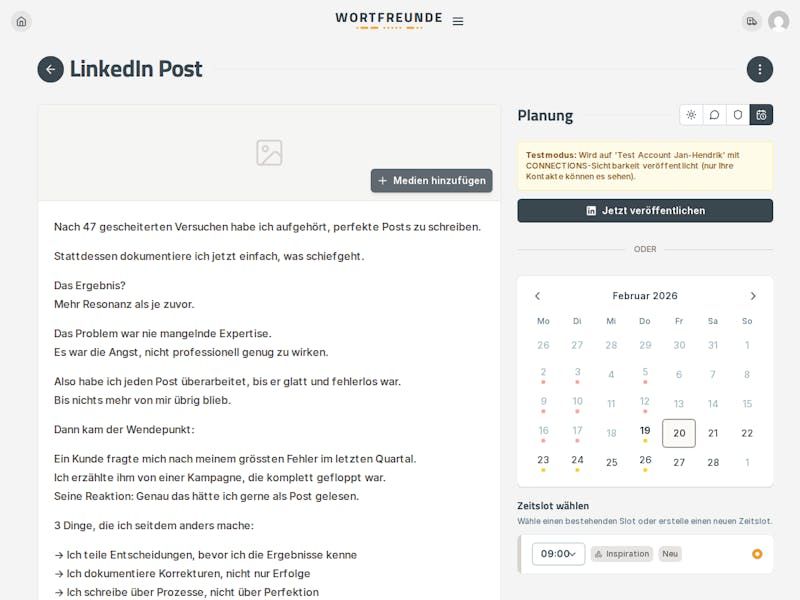 Veröffentlichungszeitpunkt für LinkedIn-Post festlegen im Wortfreunde Studio