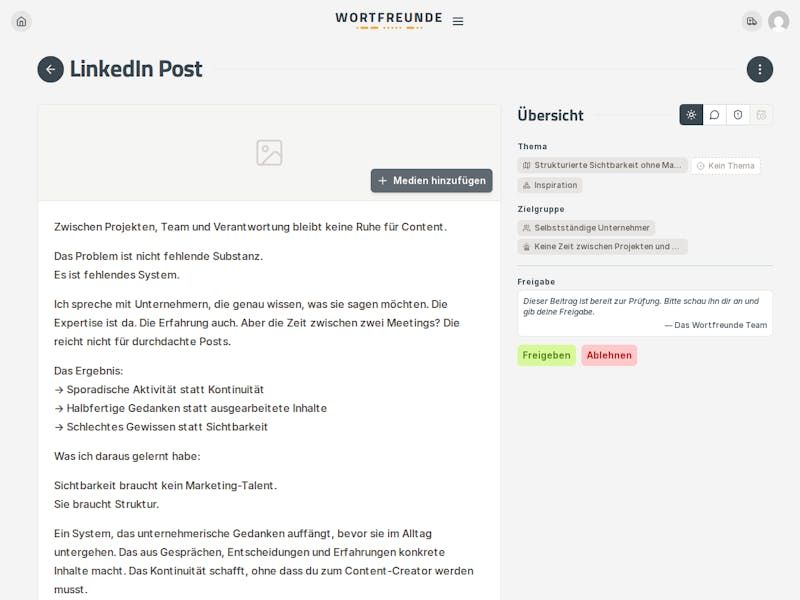 LinkedIn-Beitrag prüfen im Wortfreunde Studio