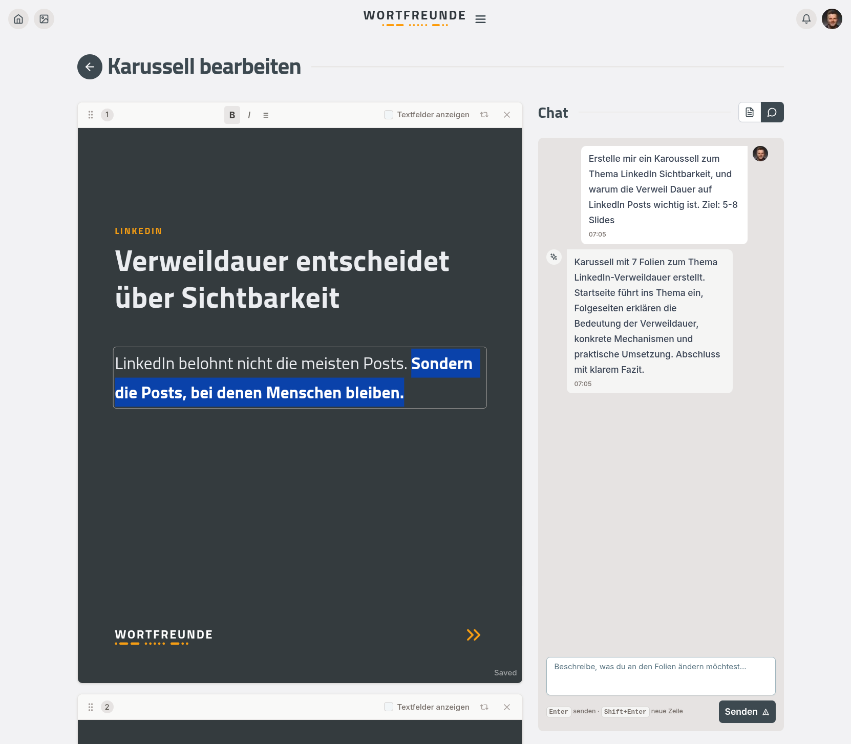Karussell-Editor mit Chat