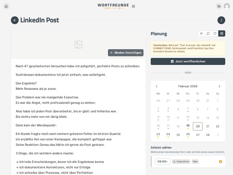 Veröffentlichungszeitpunkt für LinkedIn-Post festlegen im Wortfreunde Studio
