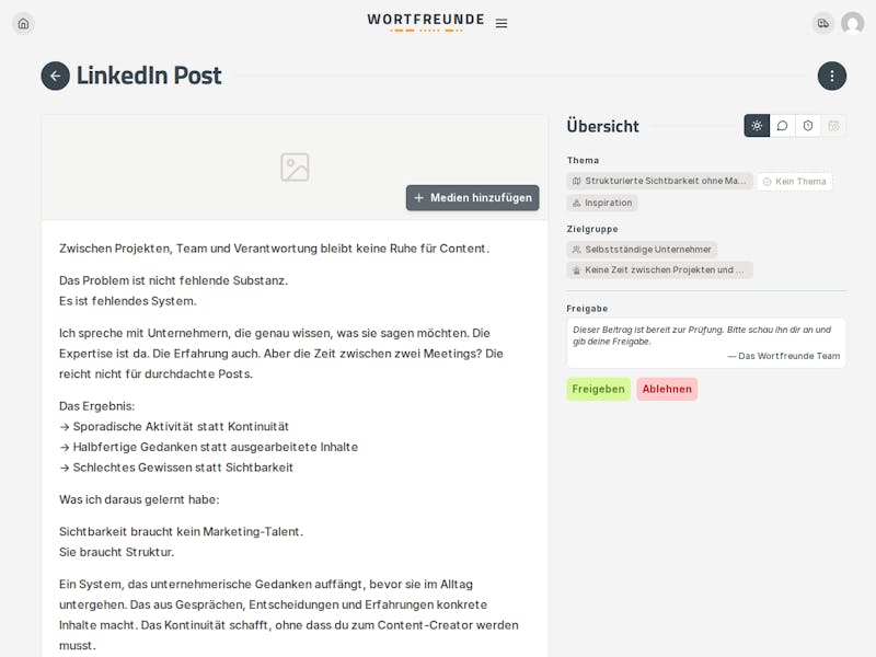 LinkedIn-Beitrag prüfen im Wortfreunde Studio