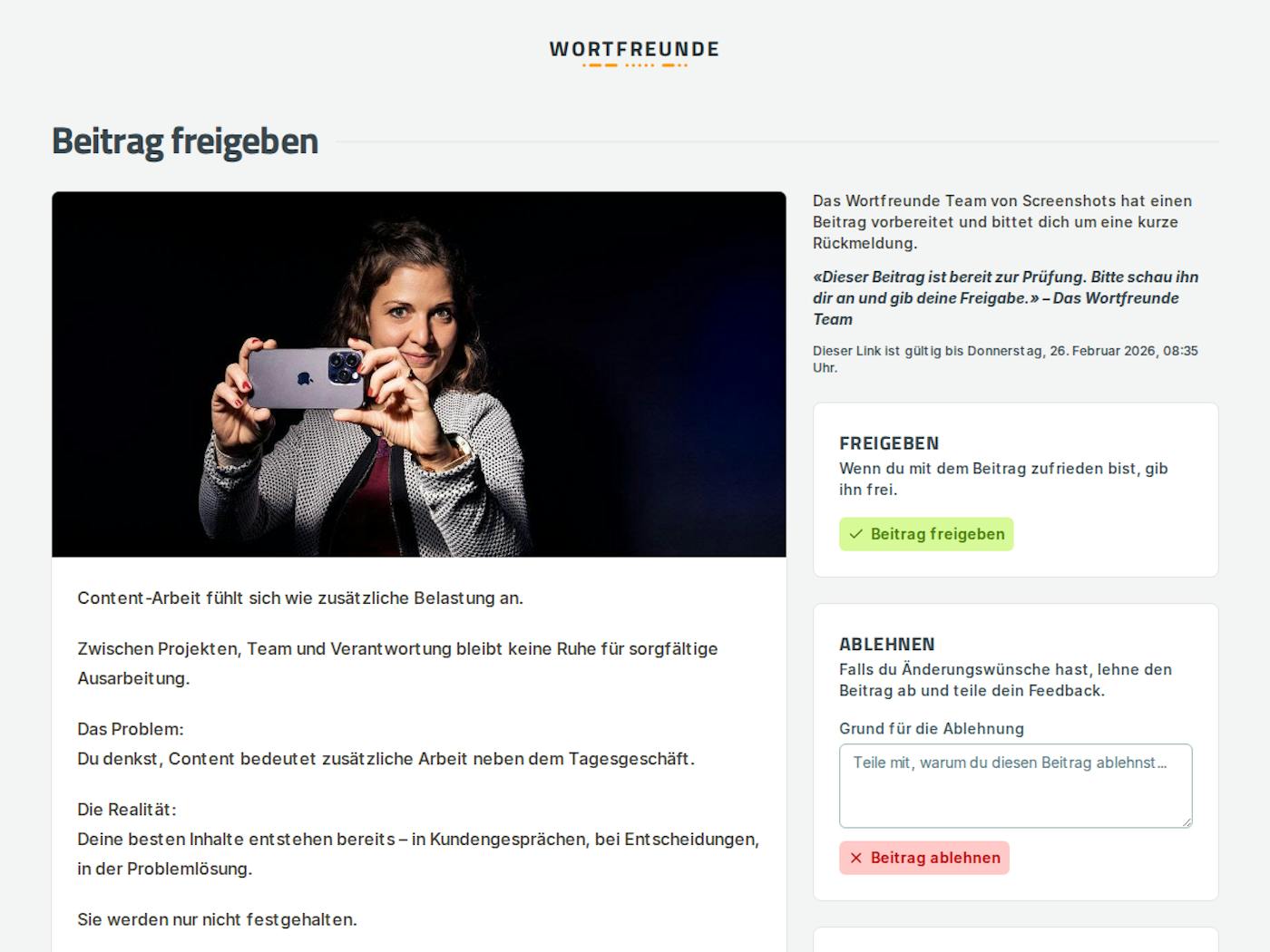 Wortfreunde Redaktion Freigabeprozess mit LinkedIn-Beitrag zur Abstimmung